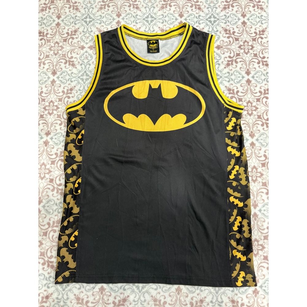 Batman DC Comics Basketball Jersey Mens Large Black Yellow Logo Tank Top 00